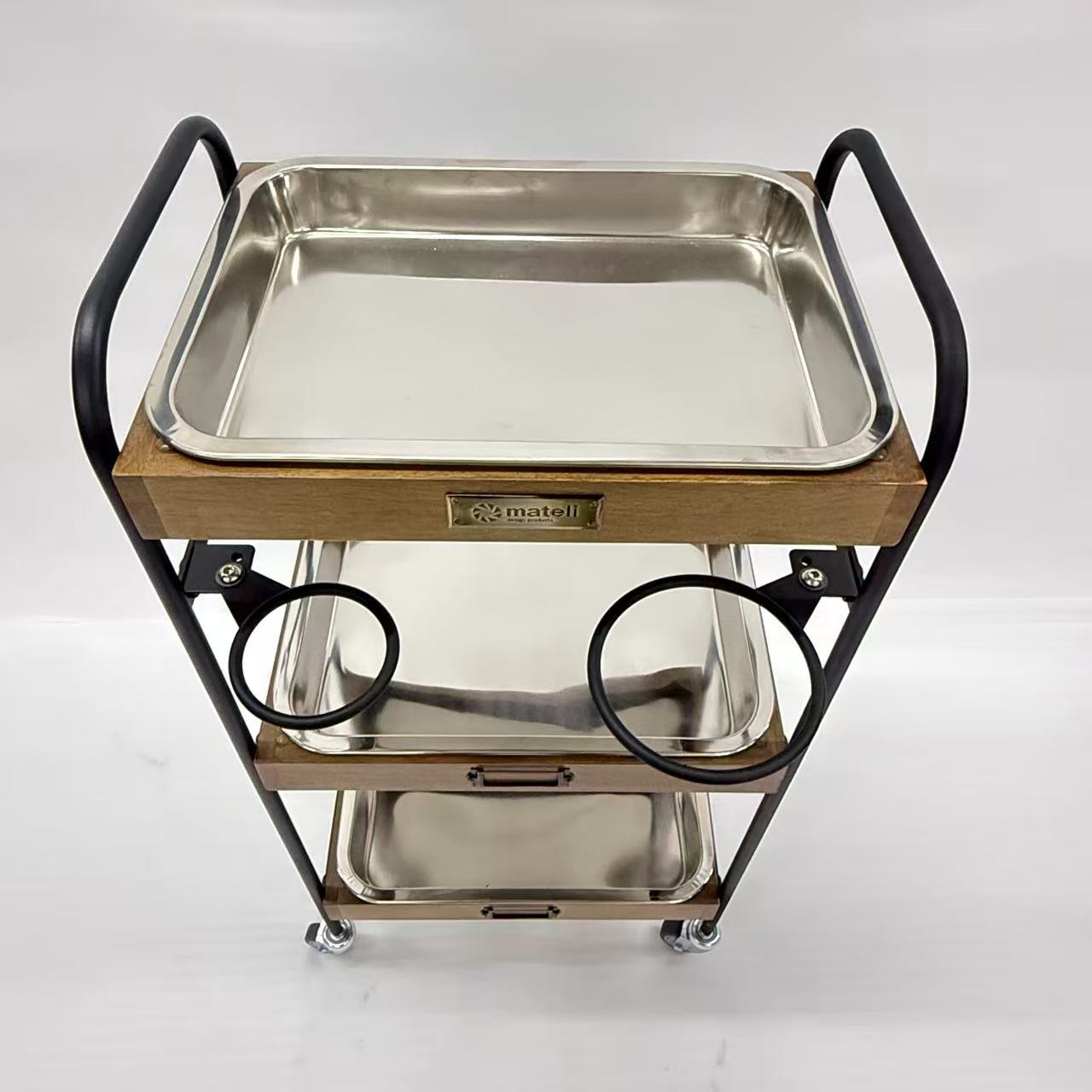 アウトレット 3段ウッドワゴン ステンレストレイ3枚 キャスター付き(BR)【完成品出荷】OL2139 通常価格￥19,580