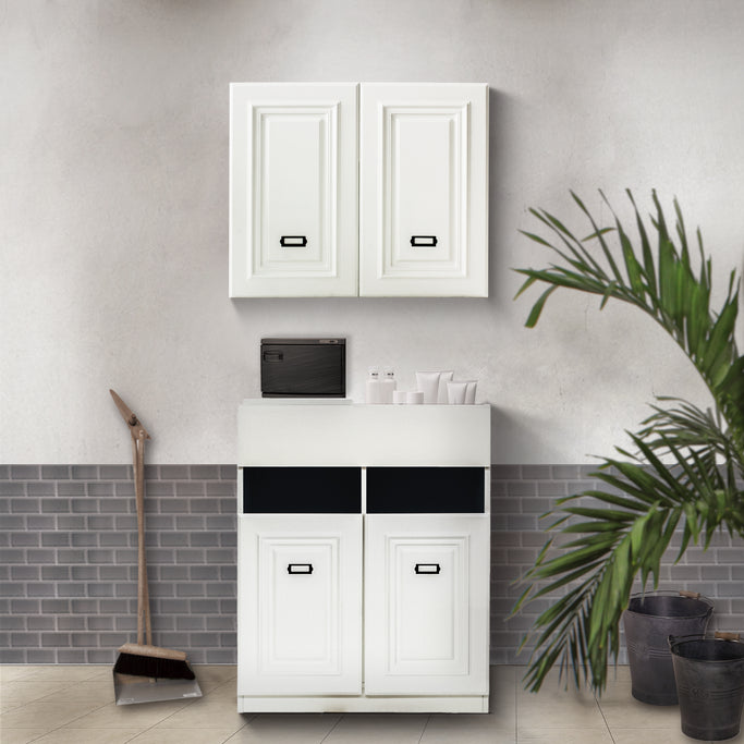 サロンにあるホワイト色モールディングありシャンプーキャビネット【上下SET】