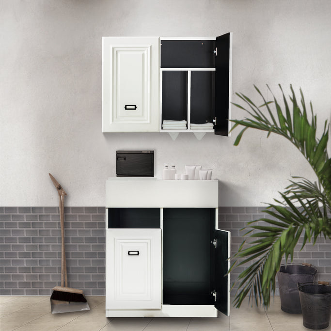 サロンにあるホワイト色モールディングありシャンプーキャビネット【上下SET】