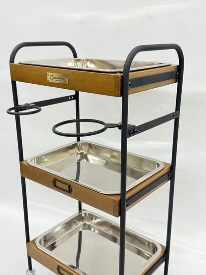 アウトレット 3段ウッドワゴン ステンレストレイ3枚 キャスター付き(BR)【完成品出荷】OL2138 通常価格￥19,580