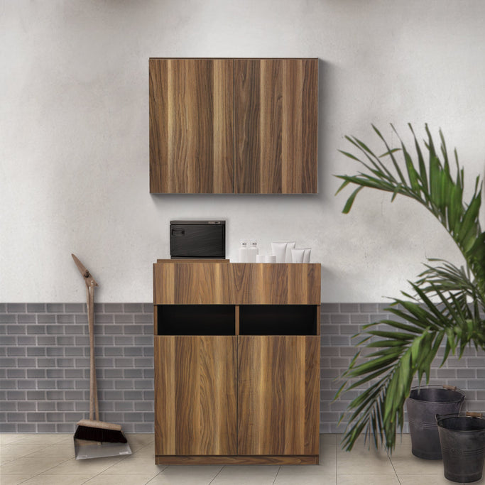 サロンにあるダークブラウンウッド色フラットシャンプーキャビネット【上下SET】