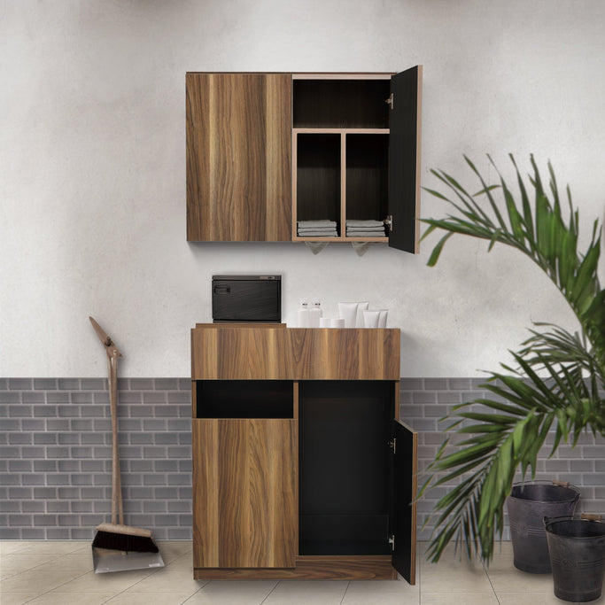 サロンにあるダークブラウンウッド色フラットシャンプーキャビネット【上下SET】