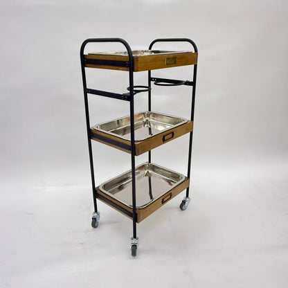 アウトレット 3段ウッドワゴン ステンレストレイ3枚 キャスター付き(BR)【完成品出荷】OL2143 通常価格￥19,580