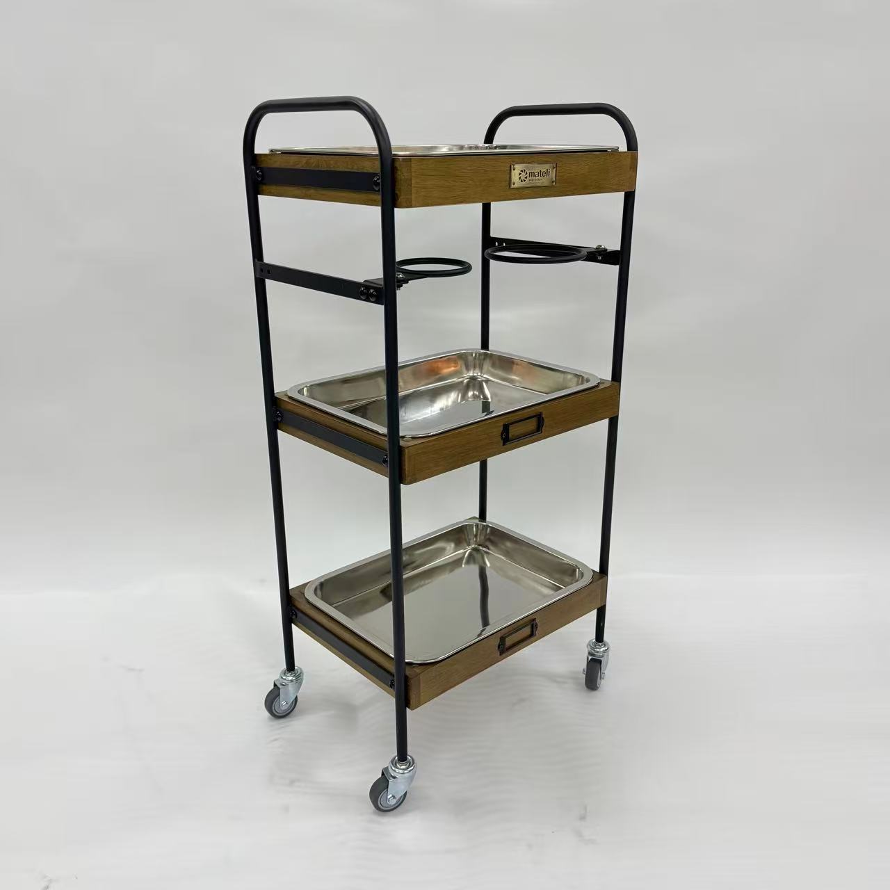 アウトレット 3段ウッドワゴン ステンレストレイ3枚 キャスター付き(BR)【完成品出荷】OL2139 通常価格￥19,580