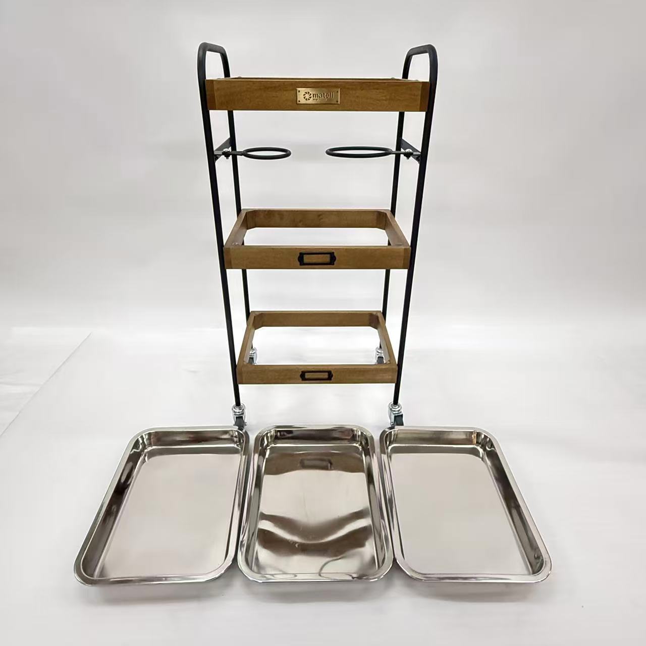 アウトレット 3段ウッドワゴン ステンレストレイ3枚 キャスター付き(BR)【完成品出荷】OL2141 通常価格￥19,580