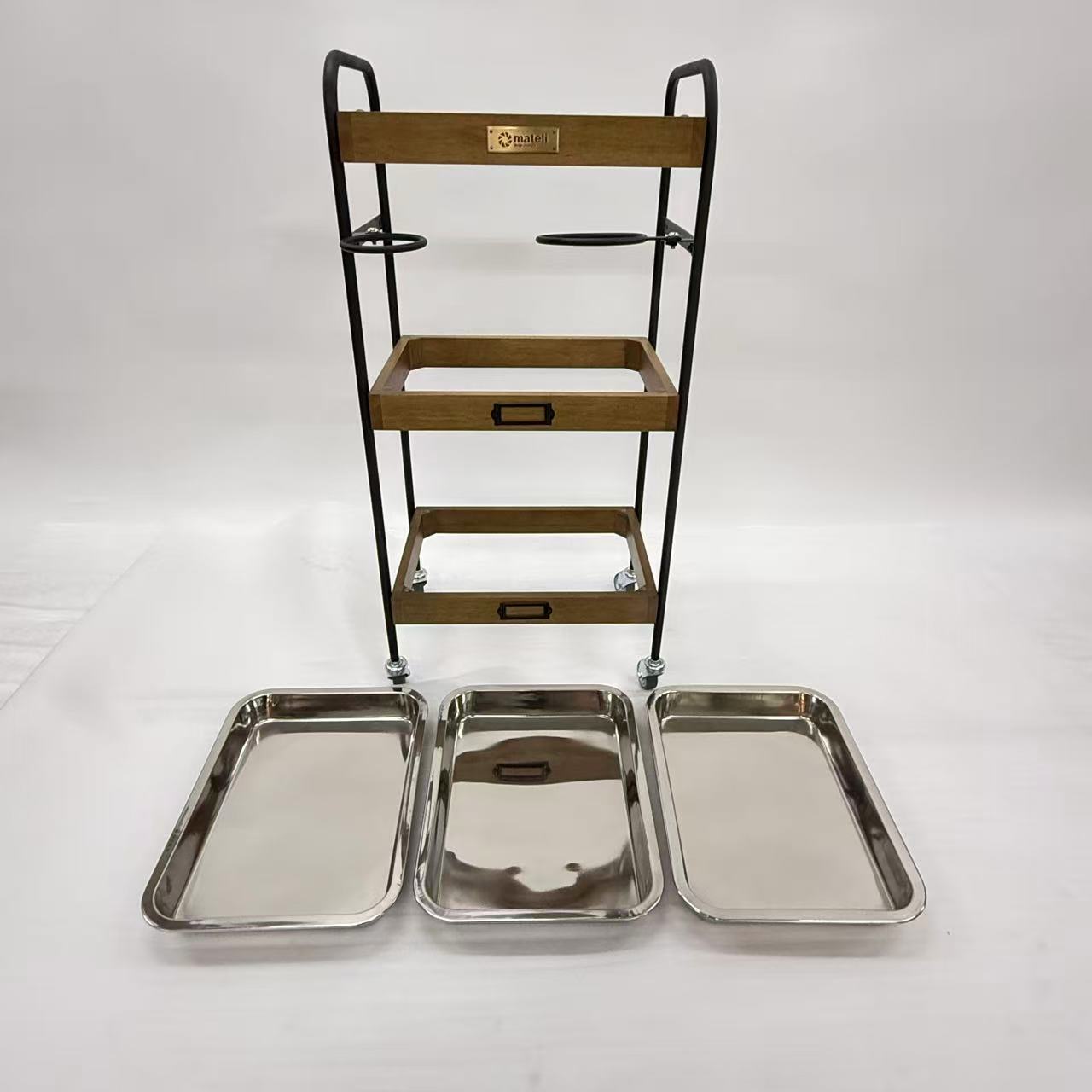 アウトレット 3段ウッドワゴン ステンレストレイ3枚 キャスター付き(BR)【完成品出荷】OL2140 通常価格￥19,580