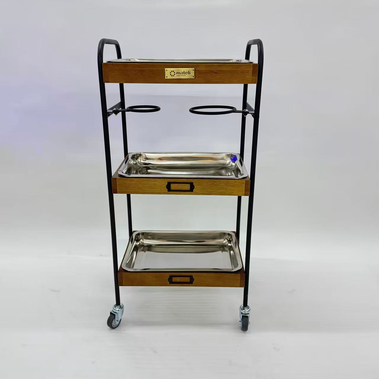 アウトレット 3段ウッドワゴン ステンレストレイ3枚 キャスター付き(BR)【完成品出荷】OL2142 通常価格￥19,580