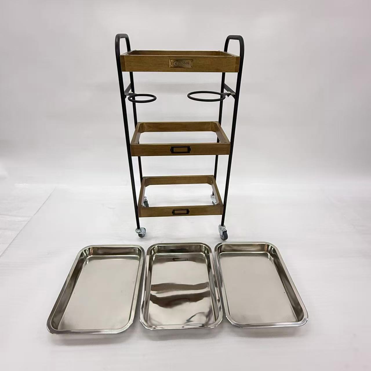 アウトレット 3段ウッドワゴン ステンレストレイ3枚 キャスター付き(BR)【完成品出荷】OL2139 通常価格￥19,580