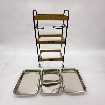 アウトレット 3段ウッドワゴン ステンレストレイ3枚 キャスター付き(BR)【完成品出荷】OL2139 通常価格￥19,580