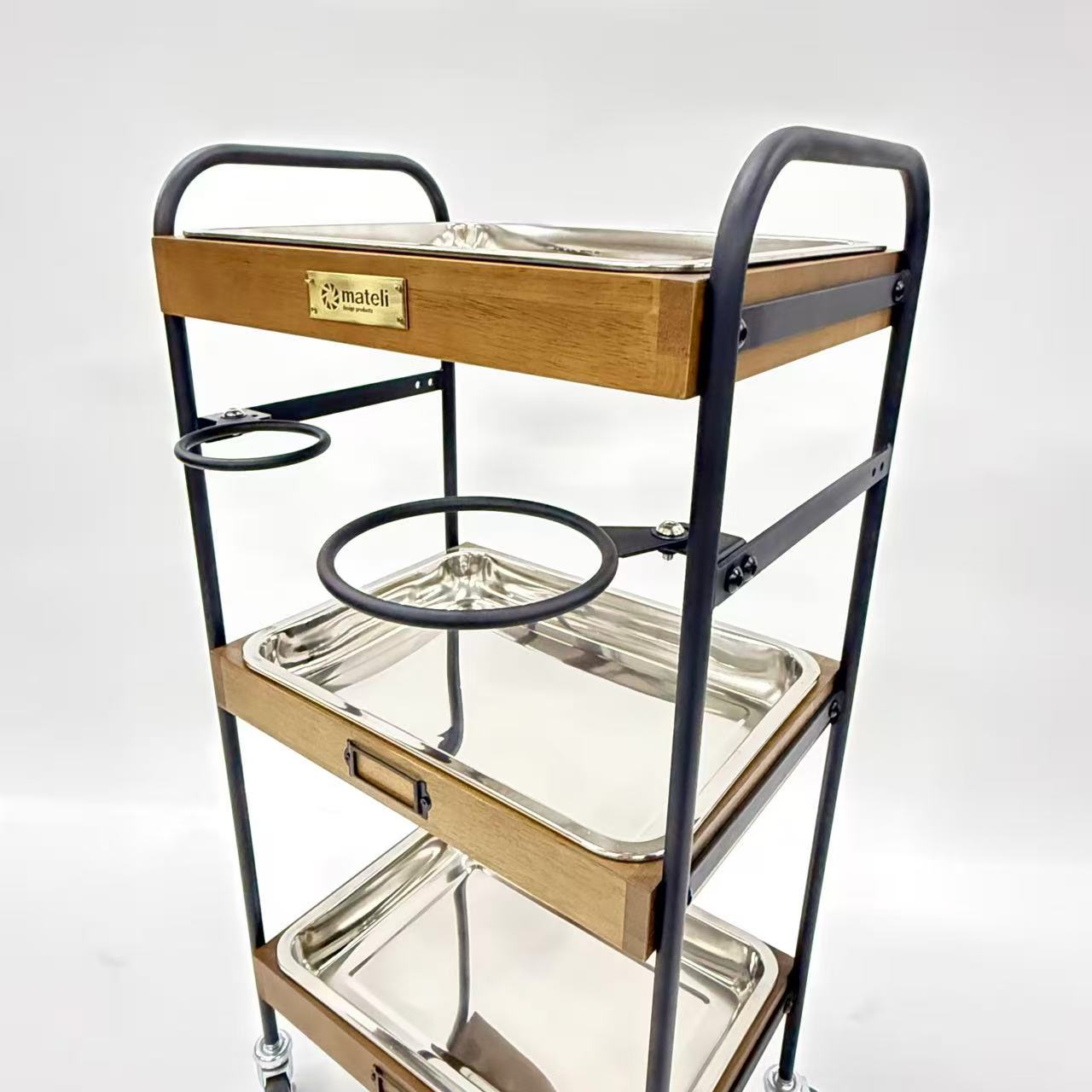 アウトレット 3段ウッドワゴン ステンレストレイ3枚 キャスター付き(BR)【完成品出荷】OL2142 通常価格￥19,580