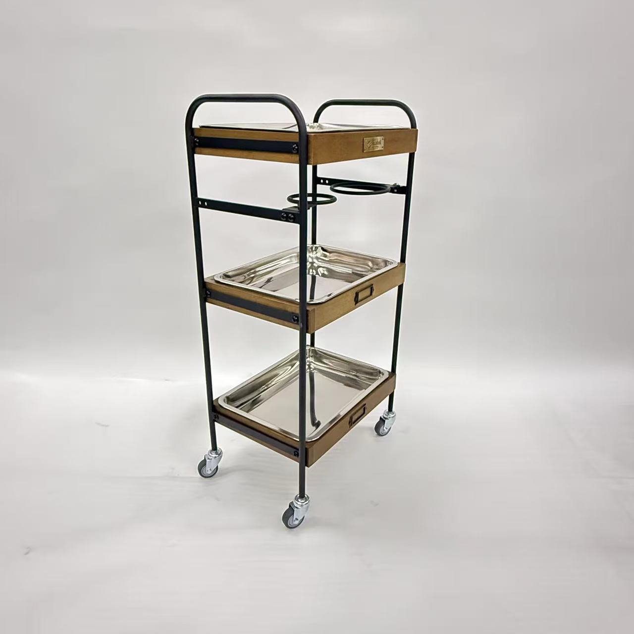 アウトレット 3段ウッドワゴン ステンレストレイ3枚 キャスター付き(BR)【完成品出荷】OL2142 通常価格￥19,580