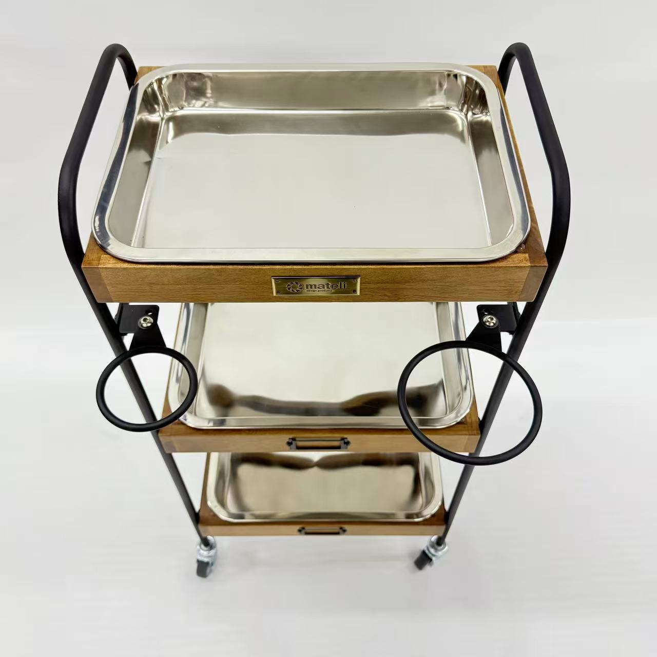 アウトレット 3段ウッドワゴン ステンレストレイ3枚 キャスター付き(BR)【完成品出荷】OL2143 通常価格￥19,580