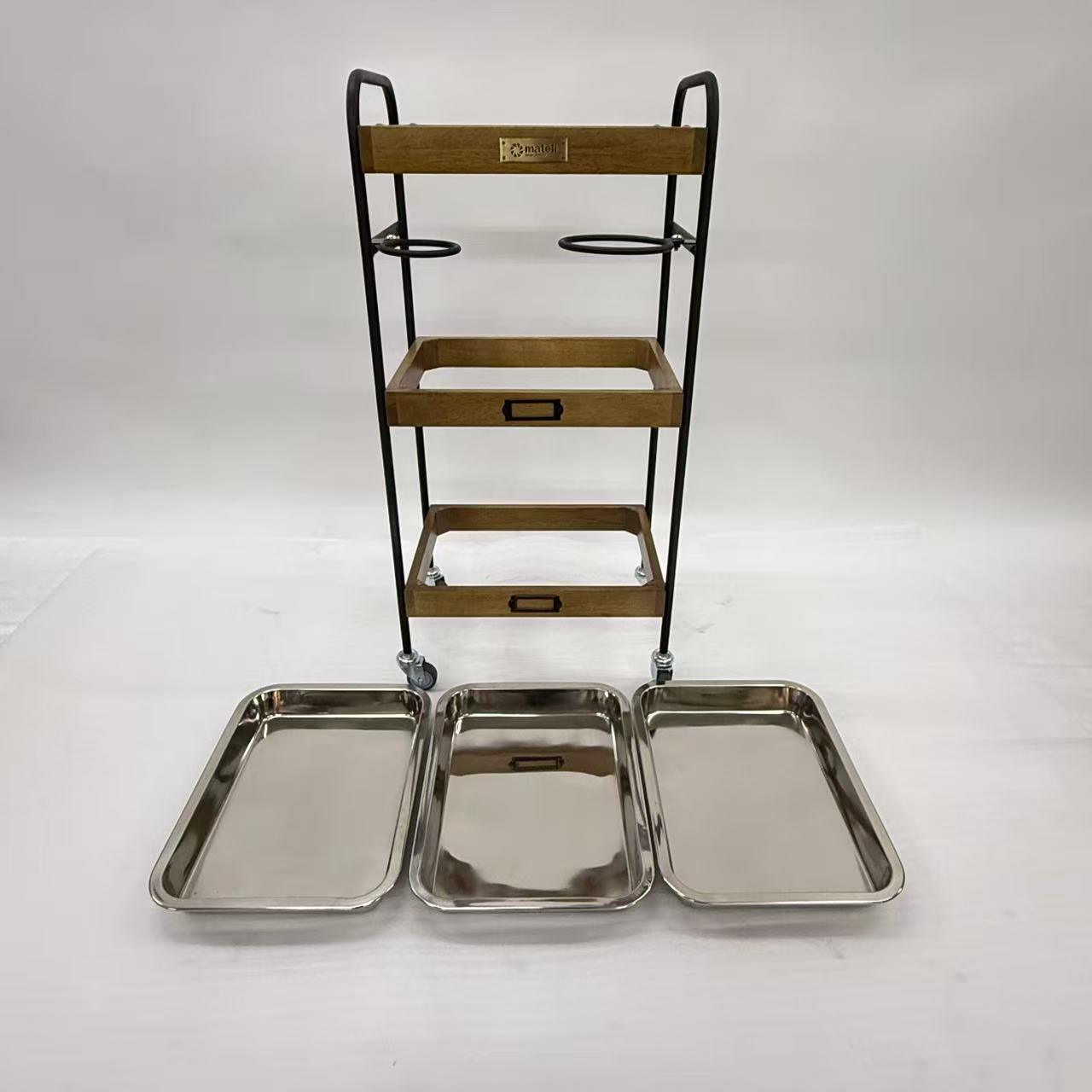 アウトレット 3段ウッドワゴン ステンレストレイ3枚 キャスター付き(BR)【完成品出荷】OL2143 通常価格￥19,580