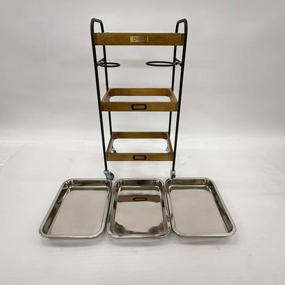 アウトレット 3段ウッドワゴン ステンレストレイ3枚 キャスター付き(BR)【完成品出荷】OL2143 通常価格￥19,580