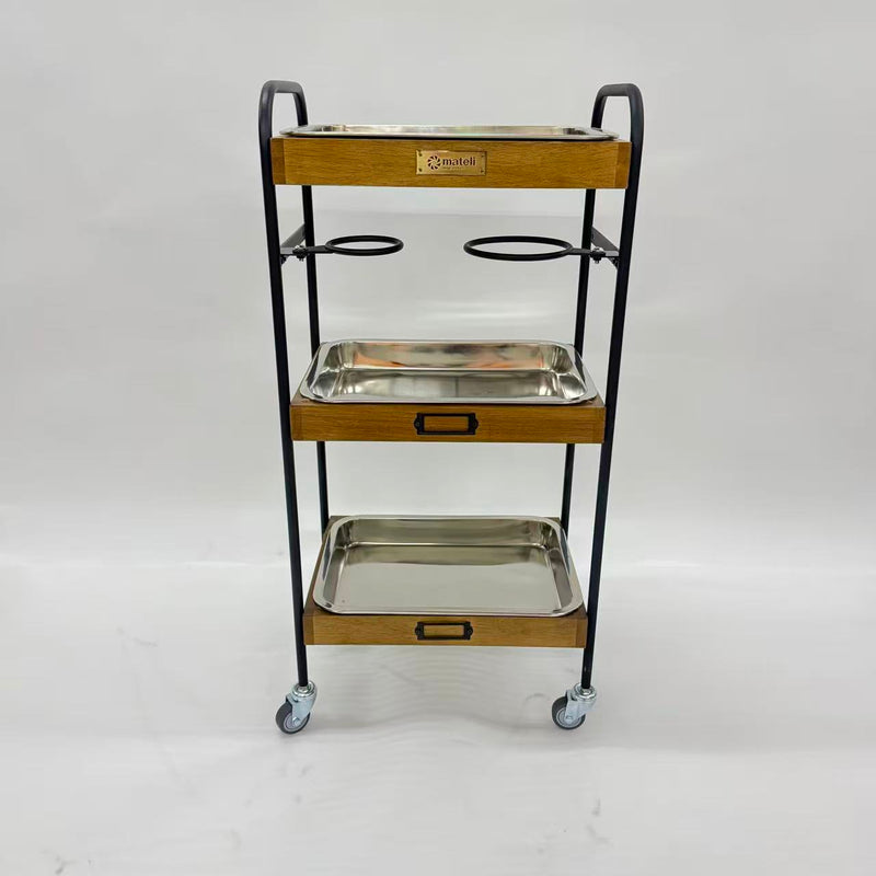 アウトレット 3段ウッドワゴン ステンレストレイ3枚 キャスター付き(BR)【完成品出荷】OL2139 通常価格￥19,580