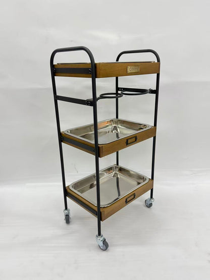 アウトレット 3段ウッドワゴン ステンレストレイ3枚 キャスター付き(BR)【完成品出荷】OL2138 通常価格￥19,580