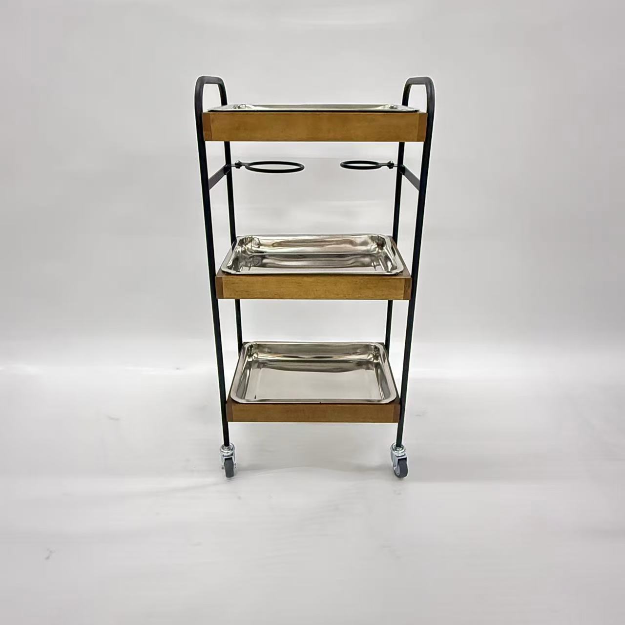 アウトレット 3段ウッドワゴン ステンレストレイ3枚 キャスター付き(BR)【完成品出荷】OL2142 通常価格￥19,580