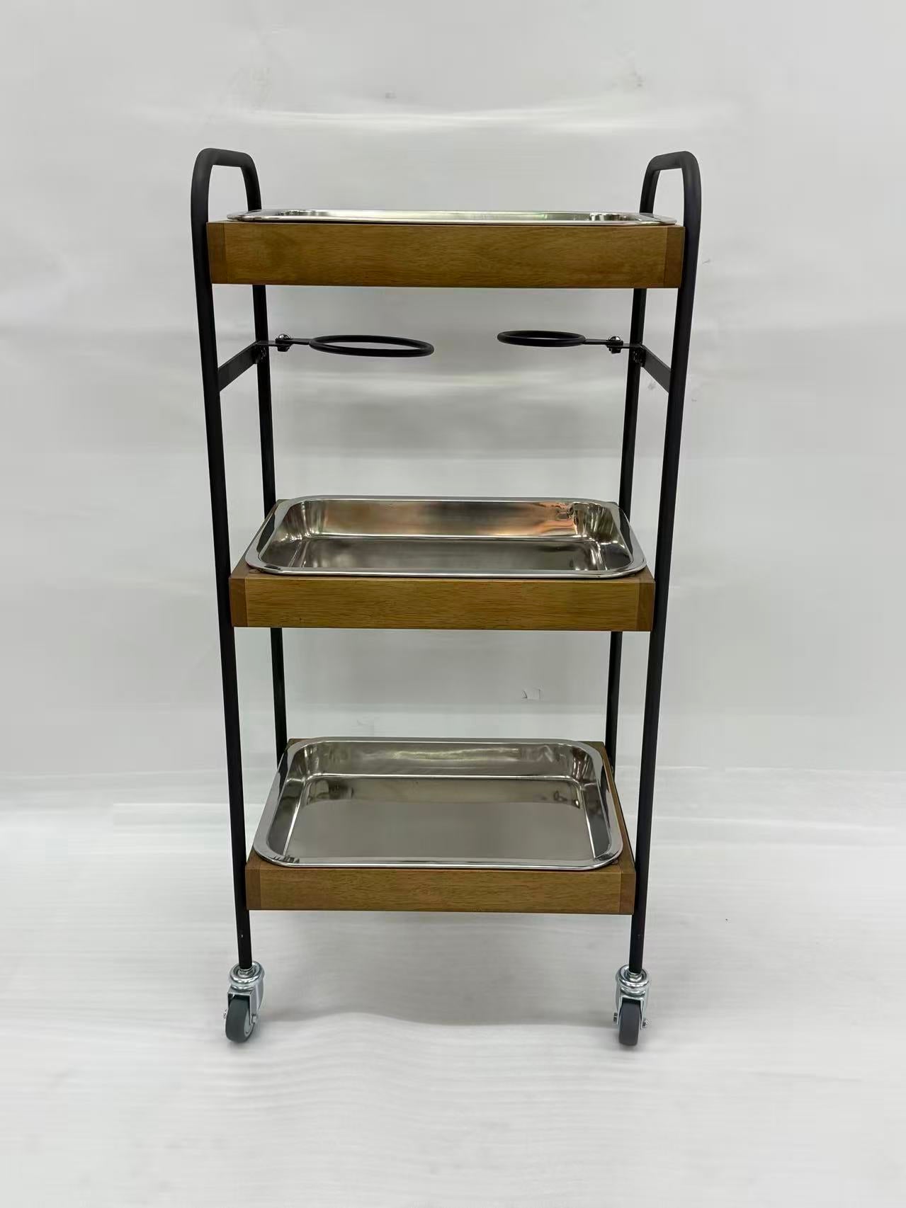 アウトレット 3段ウッドワゴン ステンレストレイ3枚 キャスター付き(BR)【完成品出荷】OL2138 通常価格￥19,580
