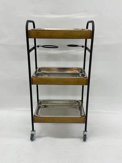 アウトレット 3段ウッドワゴン ステンレストレイ3枚 キャスター付き(BR)【完成品出荷】OL2138 通常価格￥19,580