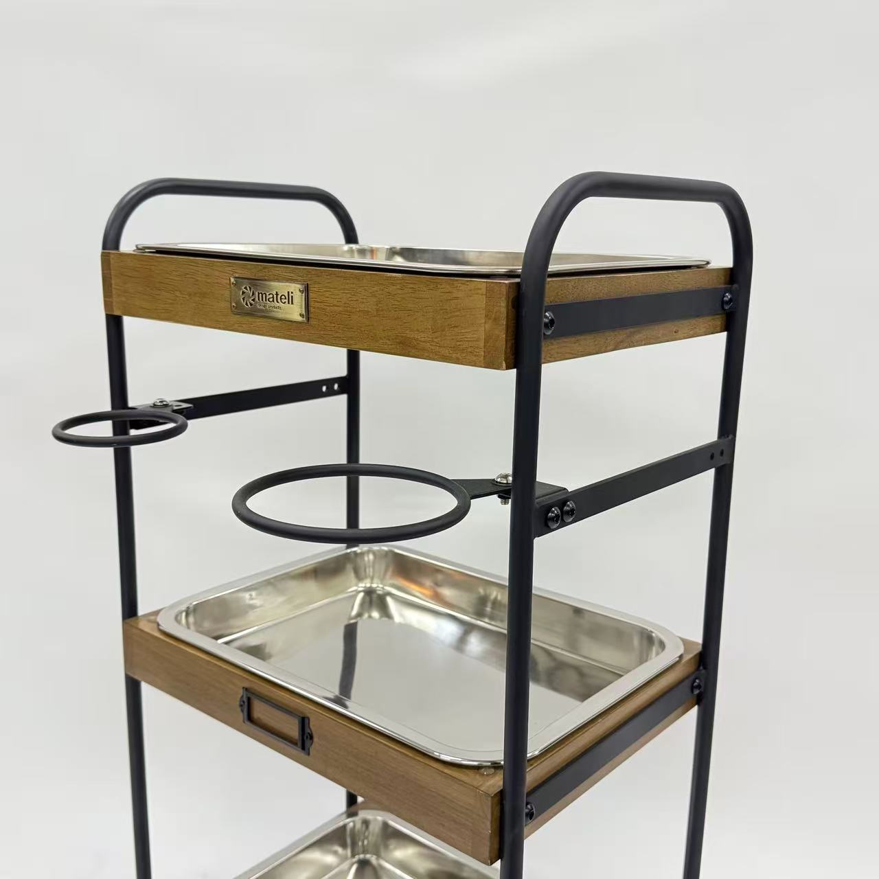 アウトレット 3段ウッドワゴン ステンレストレイ3枚 キャスター付き(BR)【完成品出荷】OL2139 通常価格￥19,580