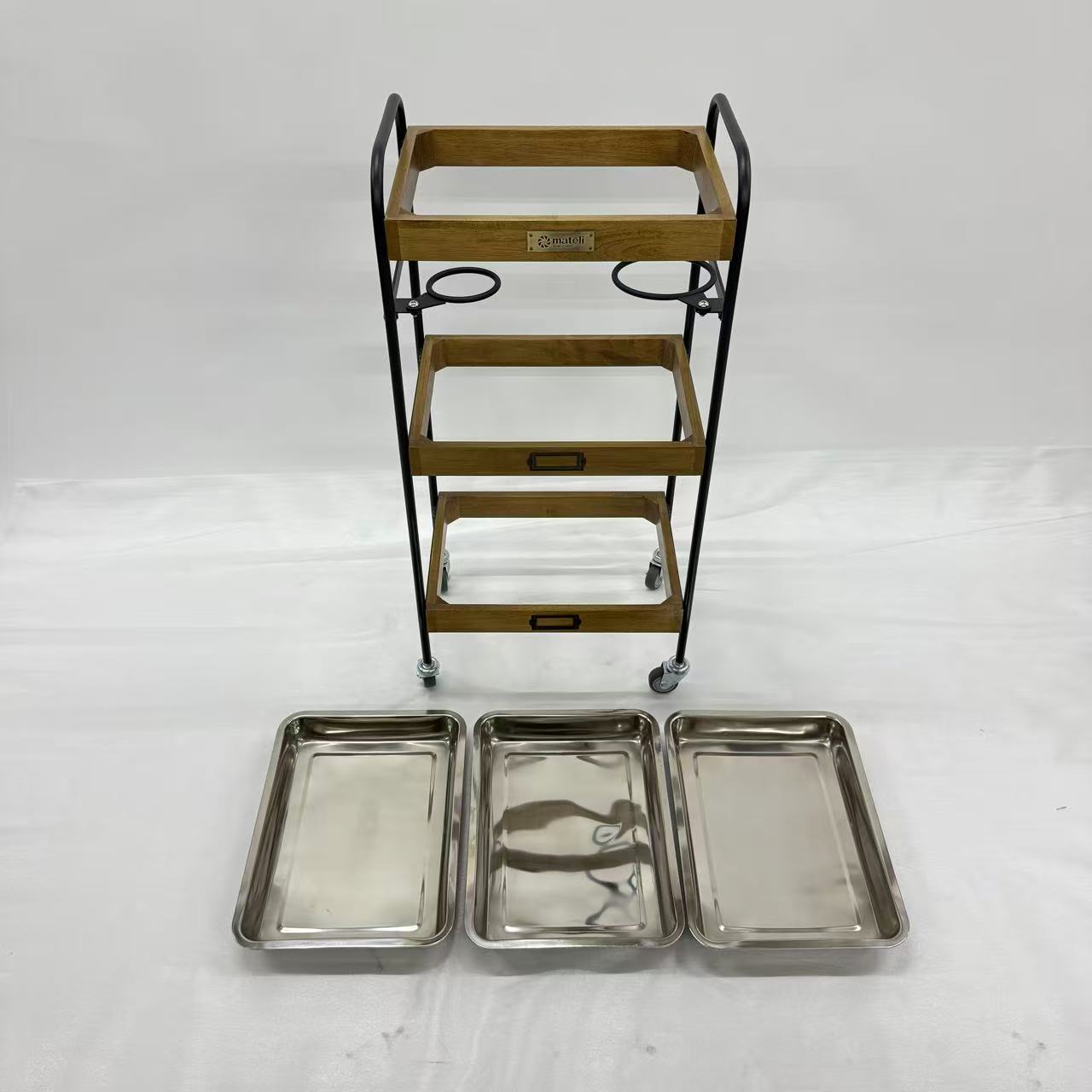 アウトレット 3段ウッドワゴン ステンレストレイ3枚 キャスター付き(BR)【完成品出荷】OL2122 通常価格￥19,580