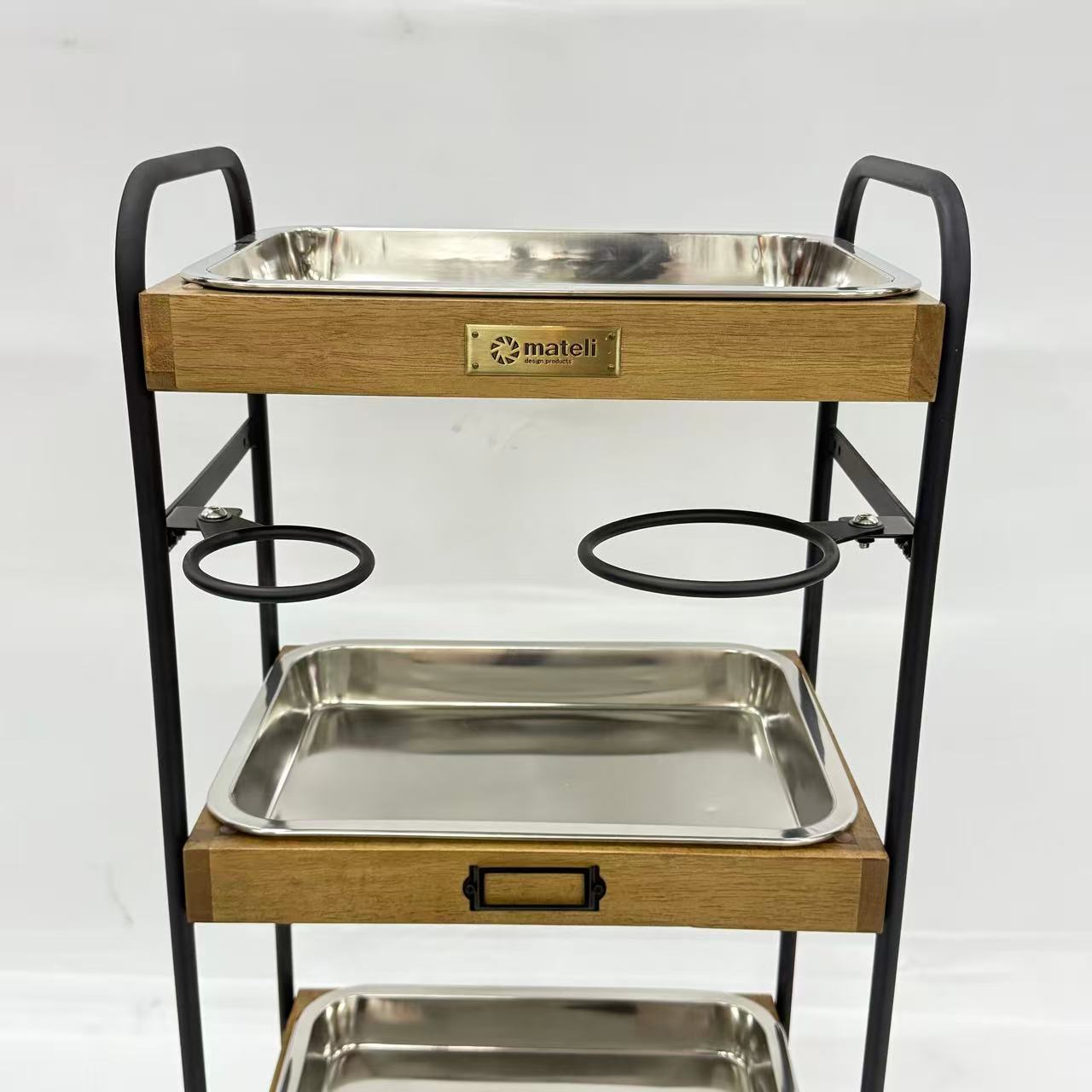 アウトレット 3段ウッドワゴン ステンレストレイ3枚 キャスター付き(BR)【完成品出荷】OL2136 通常価格￥19,580