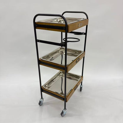 アウトレット 3段ウッドワゴン ステンレストレイ3枚 キャスター付き(BR)【完成品出荷】OL2128 通常価格￥19,580