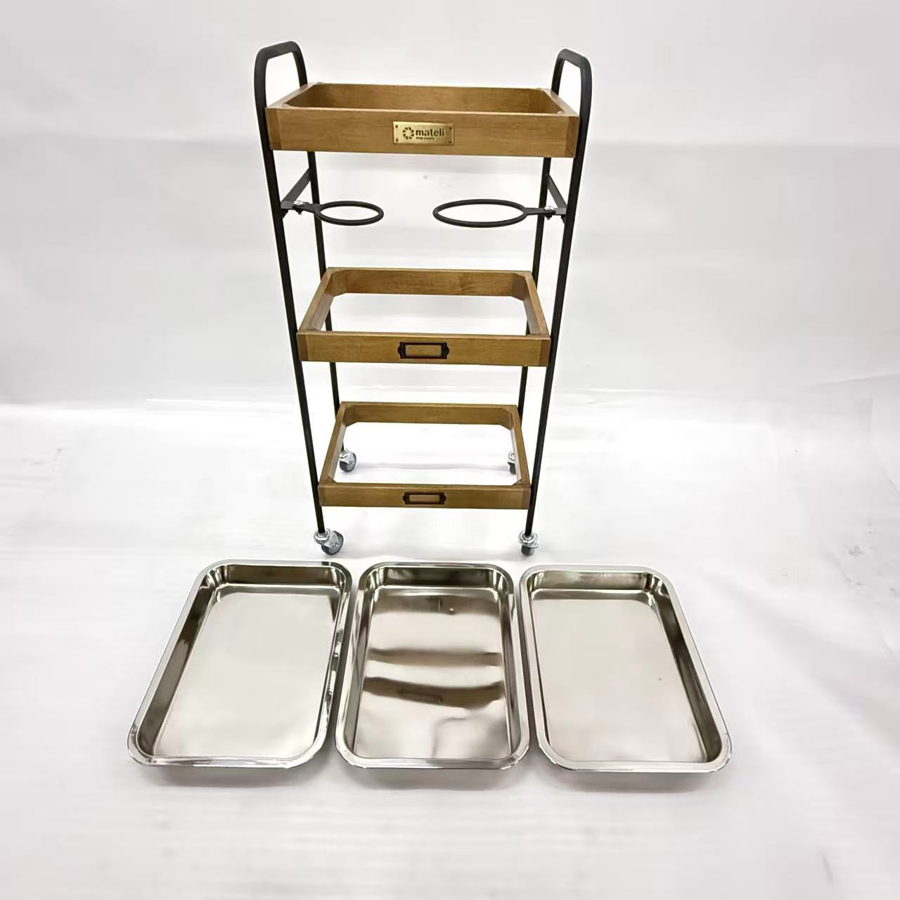 アウトレット 3段ウッドワゴン ステンレストレイ3枚 キャスター付き(BR)【完成品出荷】OL2136 通常価格￥19,580