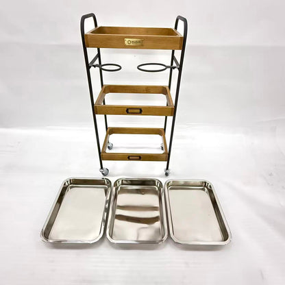 アウトレット 3段ウッドワゴン ステンレストレイ3枚 キャスター付き(BR)【完成品出荷】OL2136 通常価格￥19,580