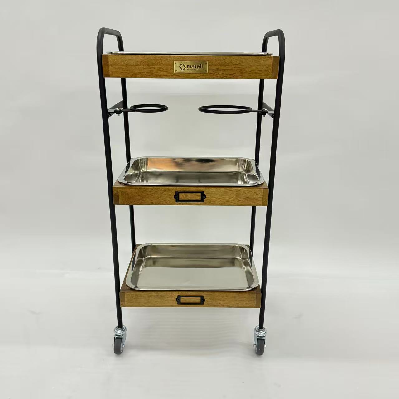 アウトレット 3段ウッドワゴン ステンレストレイ3枚 キャスター付き(BR)【完成品出荷】OL2143 通常価格￥19,580