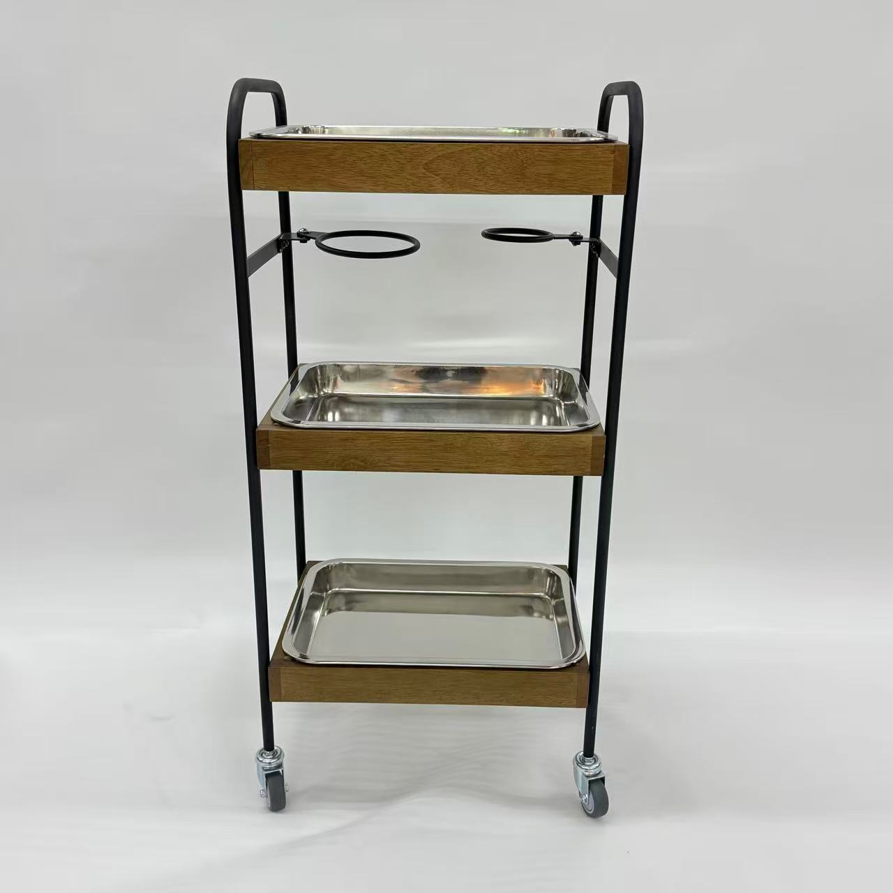 アウトレット 3段ウッドワゴン ステンレストレイ3枚 キャスター付き(BR)【完成品出荷】OL2140 通常価格￥19,580