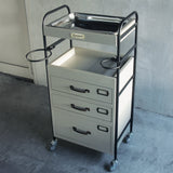 美容室にあるおしゃれなベージュグレー色3段引き出しウッドワゴン　