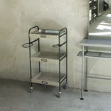 美容室にあるおしゃれなベージュグレー色3段ウッドワゴン