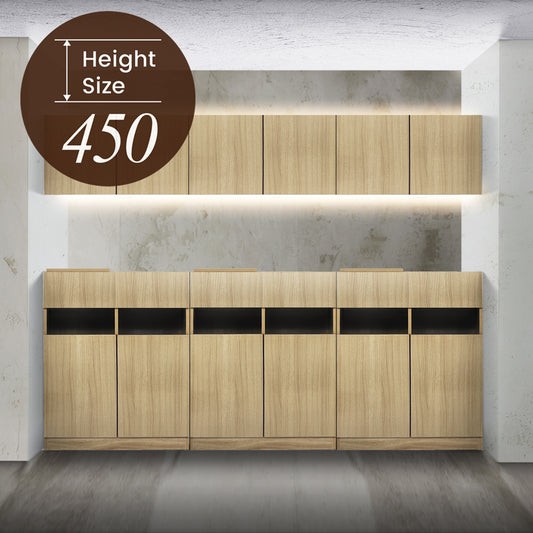 ナチュラルウッド色450mmフラットシャンプーキャビネット【上下SET】