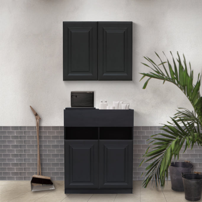 サロンにあるブラック色モールディングありシャンプーキャビネット【SET】