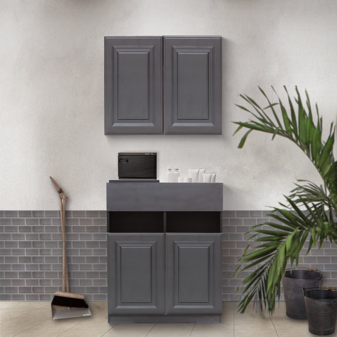 サロンにあるグレー色モールディングありシャンプーキャビネット【SET】