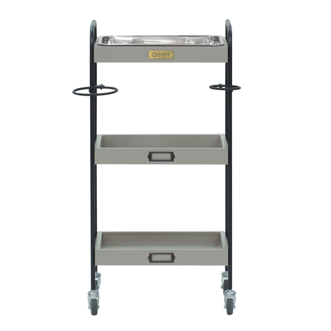 ベージュグレー色3段ウッドワゴン（ステンレストレイ1枚付き）正面