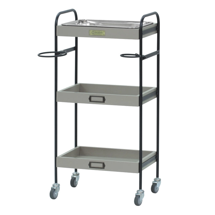 ベージュグレー色3段ウッドワゴン（ステンレストレイ1枚付き）斜め