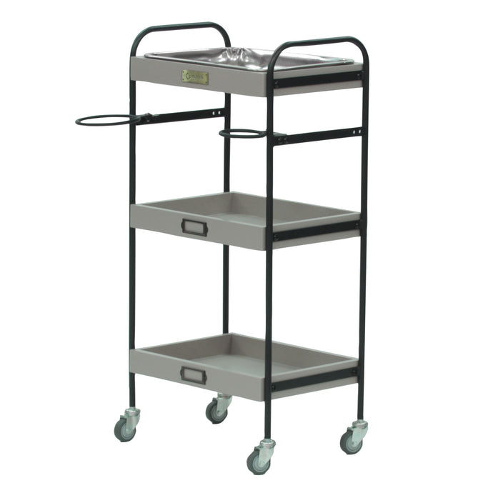 ベージュグレー色3段ウッドワゴン（ステンレストレイ1枚付き）斜め2