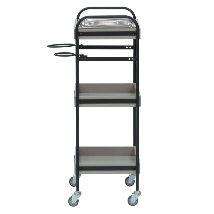 ベージュグレー色3段ウッドワゴン（ステンレストレイ1枚付き）横面