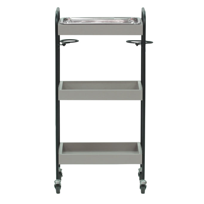 ベージュグレー色3段ウッドワゴン（ステンレストレイ1枚付き）背面