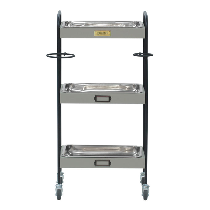 ベージュグレー色3段ウッドワゴン（ステンレストレイ3枚付き）正面