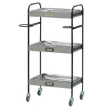 ベージュグレー色3段ウッドワゴン（ステンレストレイ3枚付き）斜め