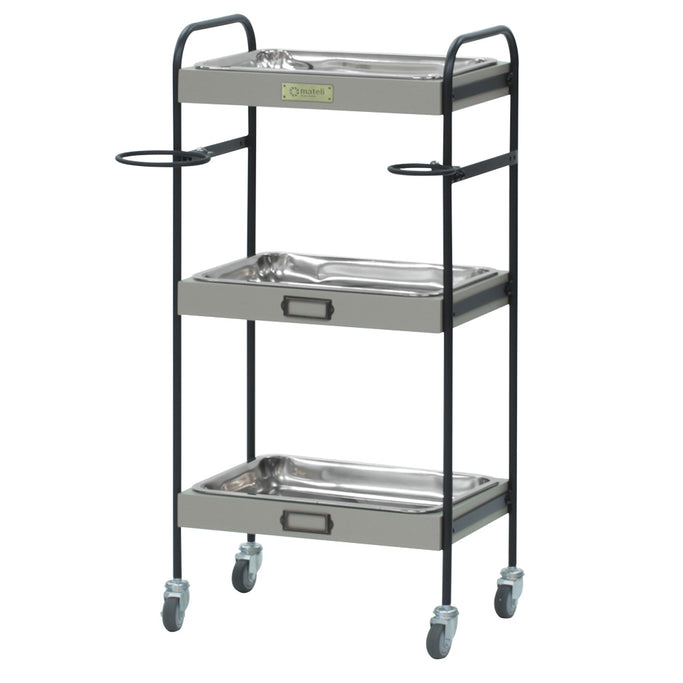 ベージュグレー色3段ウッドワゴン（ステンレストレイ3枚付き）斜め