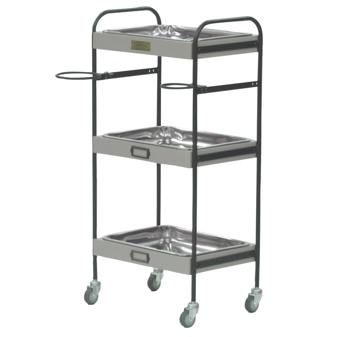 ベージュグレー色3段ウッドワゴン（ステンレストレイ3枚付き）斜め2