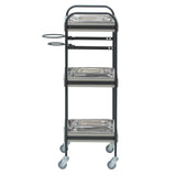 ベージュグレー色3段ウッドワゴン（ステンレストレイ3枚付き）横面