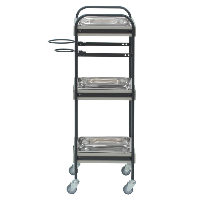 ベージュグレー色3段ウッドワゴン（ステンレストレイ3枚付き）横面