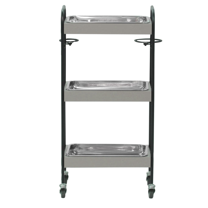 ベージュグレー色3段ウッドワゴン（ステンレストレイ3枚付き）背面