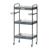 グレイー色3段ウッドワゴン（ステンレストレイ3枚付き）斜め