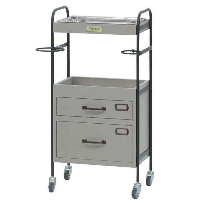 ベージュグレー色2段引き出しウッドワゴン　斜め